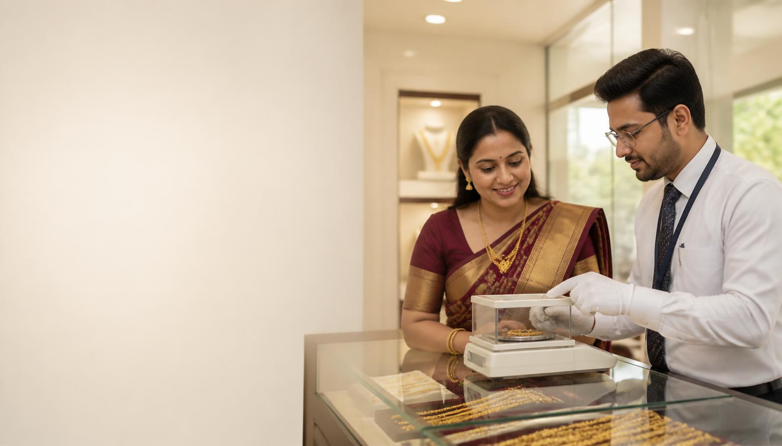 A customer learning how jewellery is weighed during a transparent gold valuation