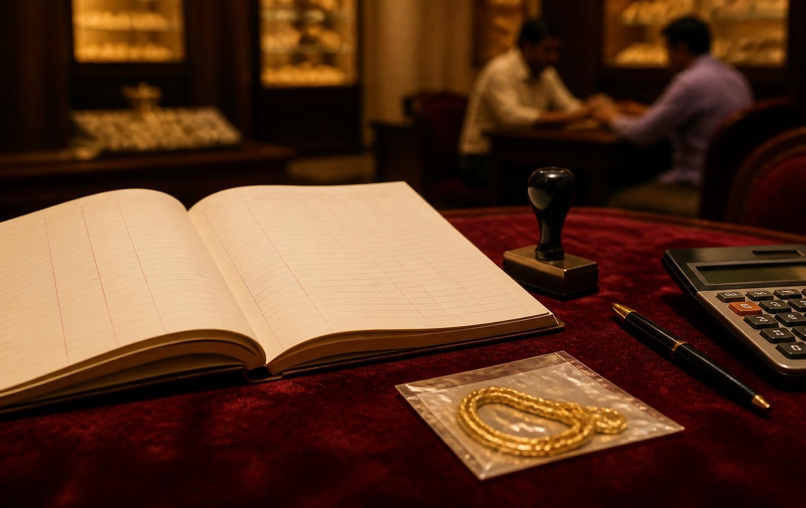 Ledger, stamp and a sealed gold packet on a gold loan renewal desk